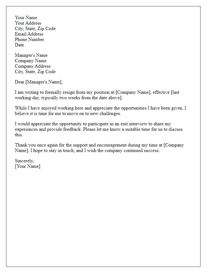 Letter template of resignation while requesting an exit interview.