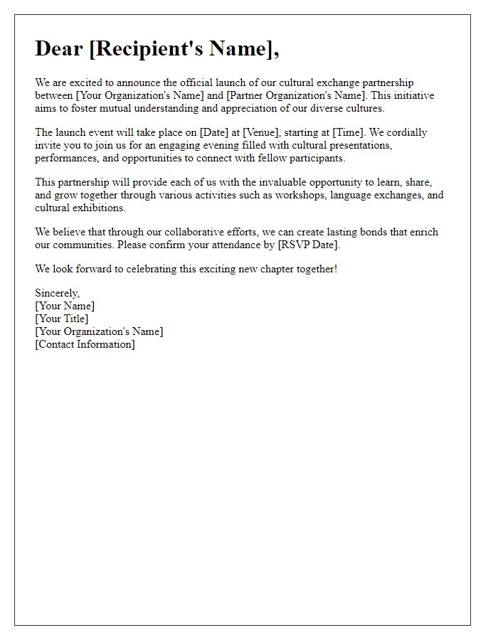 Letter template of cultural exchange partnership launch