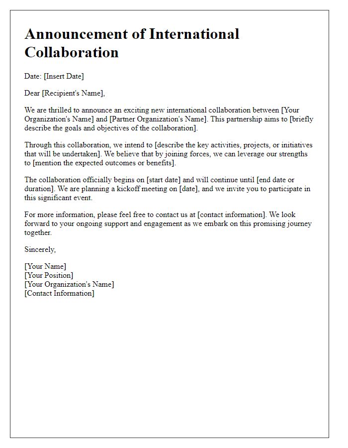 Letter template of international collaboration announcement