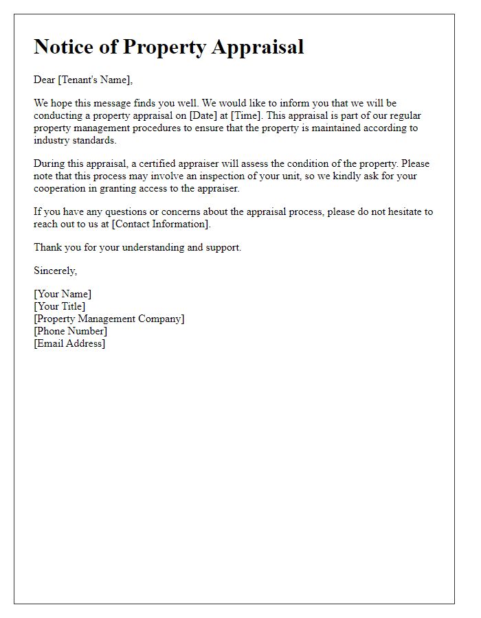 Letter template of informing tenant about property appraisal procedures