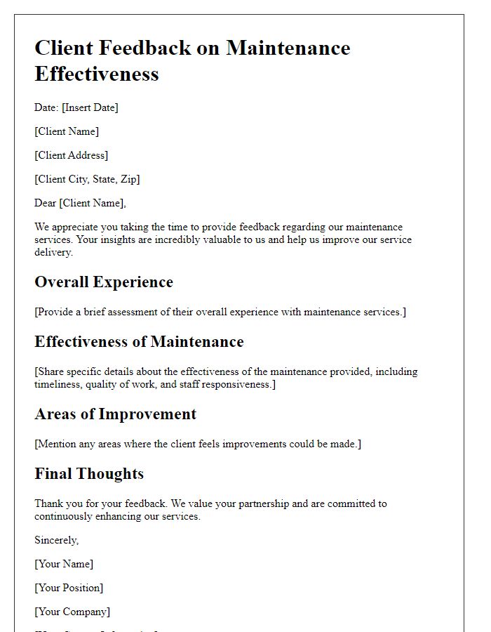 Letter template of client feedback on maintenance effectiveness