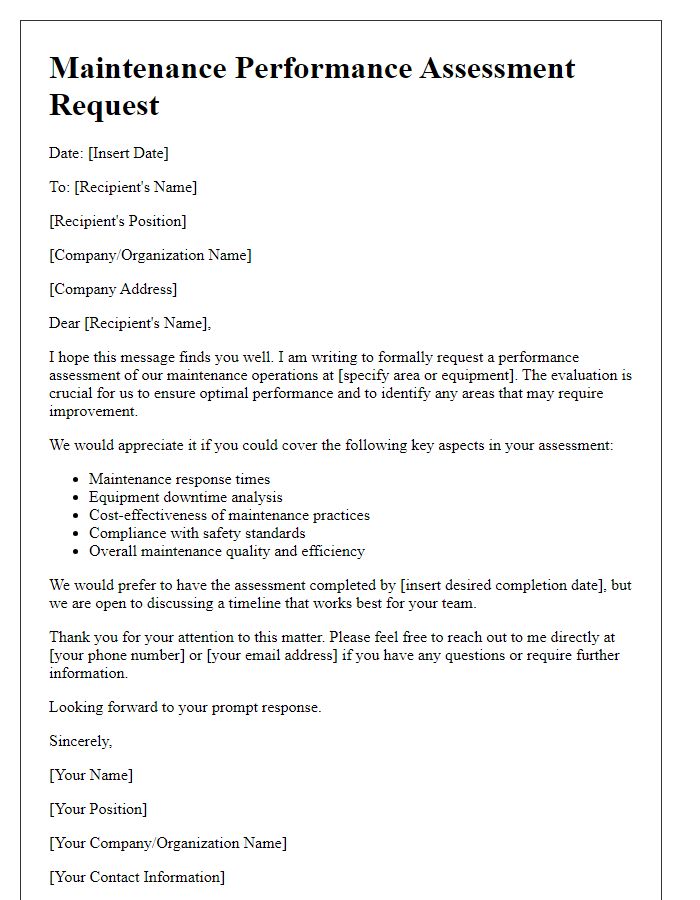 Letter template of maintenance performance assessment request