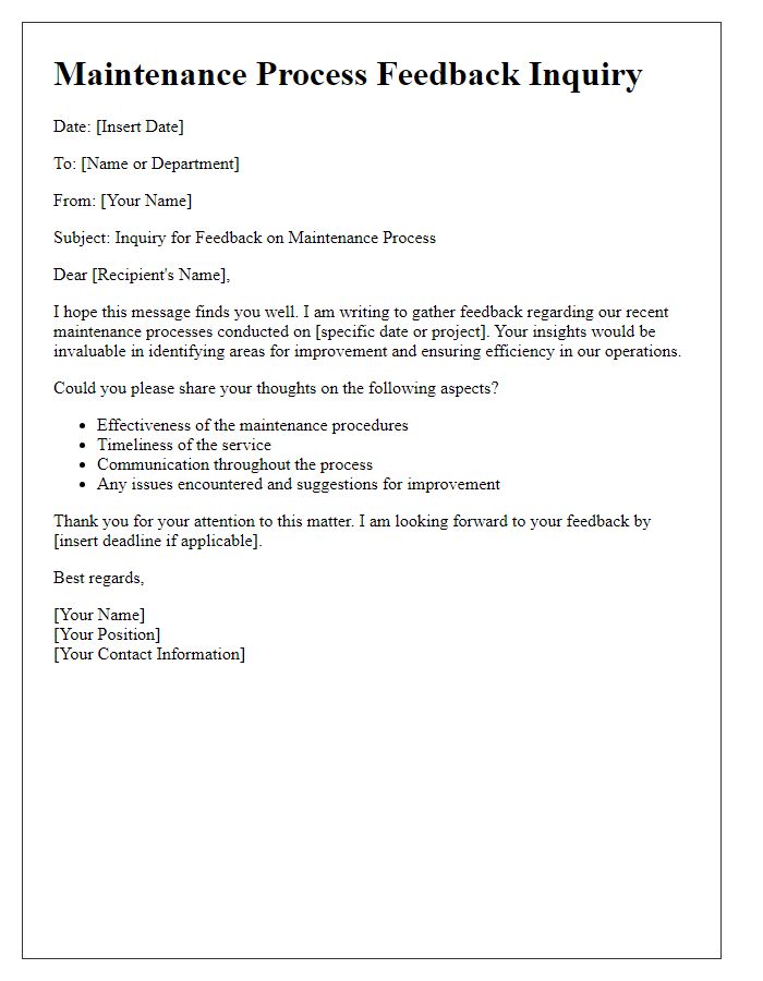 Letter template of maintenance process feedback inquiry