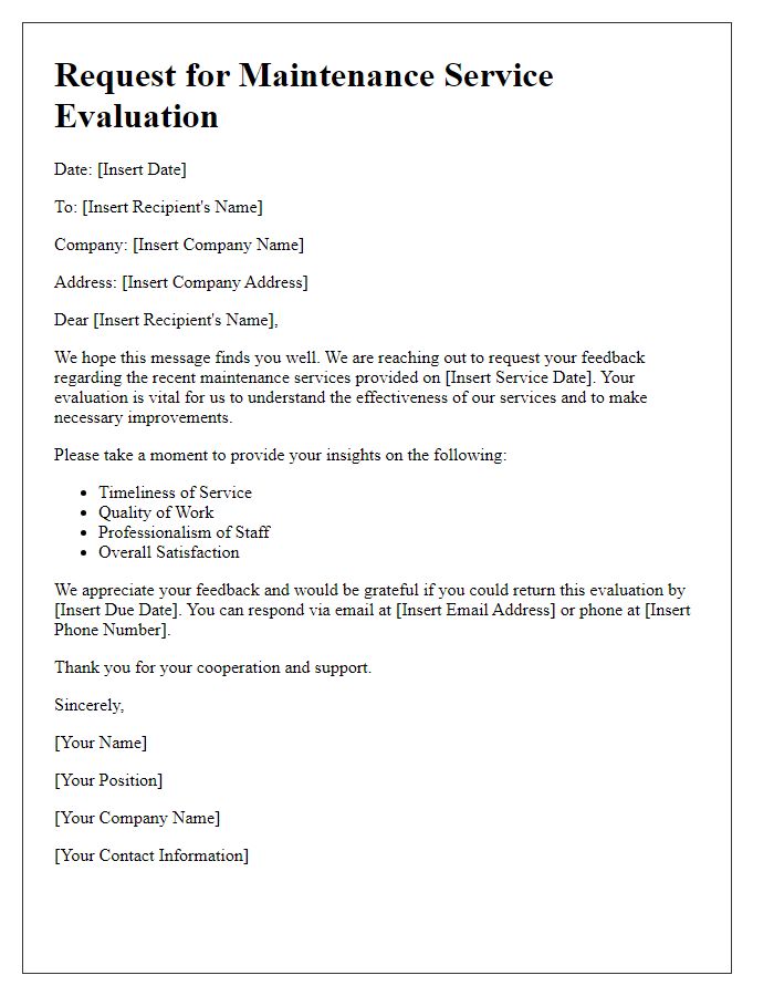 Letter template of maintenance service evaluation request