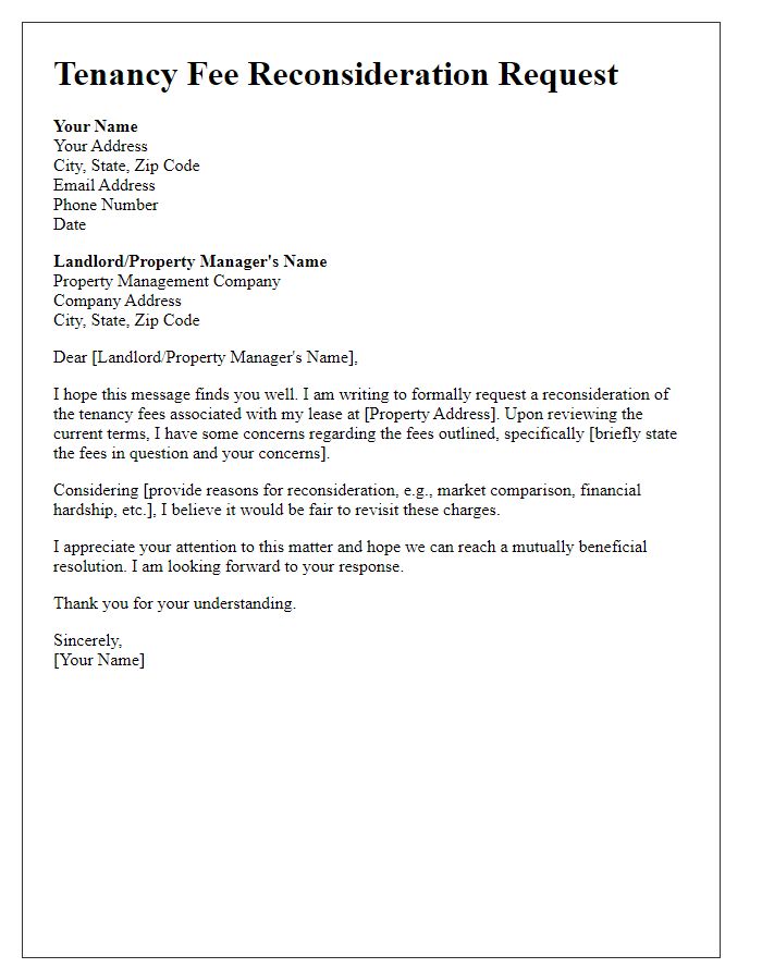 Letter template of tenancy fee reconsideration