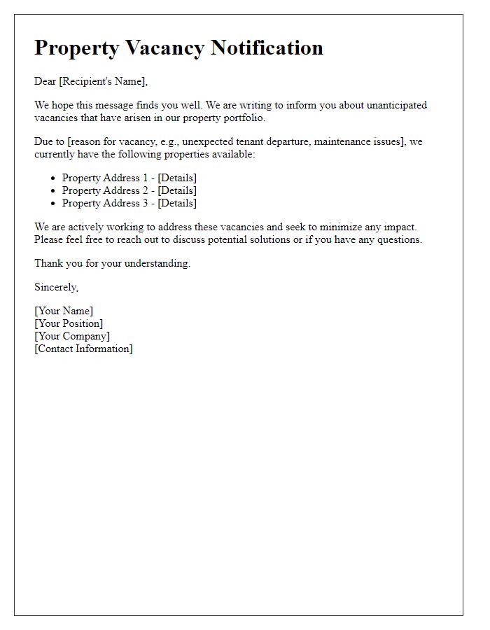 Letter template of alert regarding unanticipated property vacancies