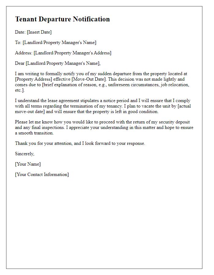 Letter template of communication for sudden tenant departure