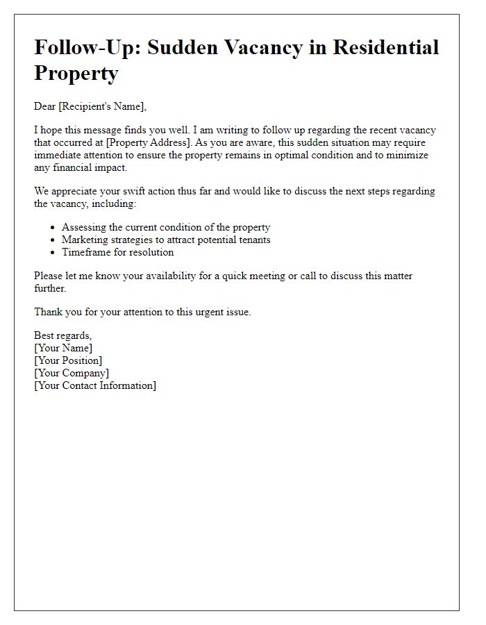 Letter template of follow-up on sudden vacancy situation in residential property