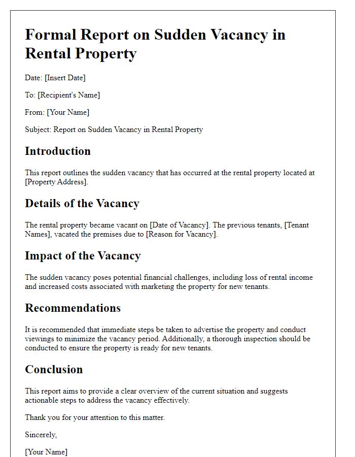 Letter template of formal report on sudden vacancy in rental property