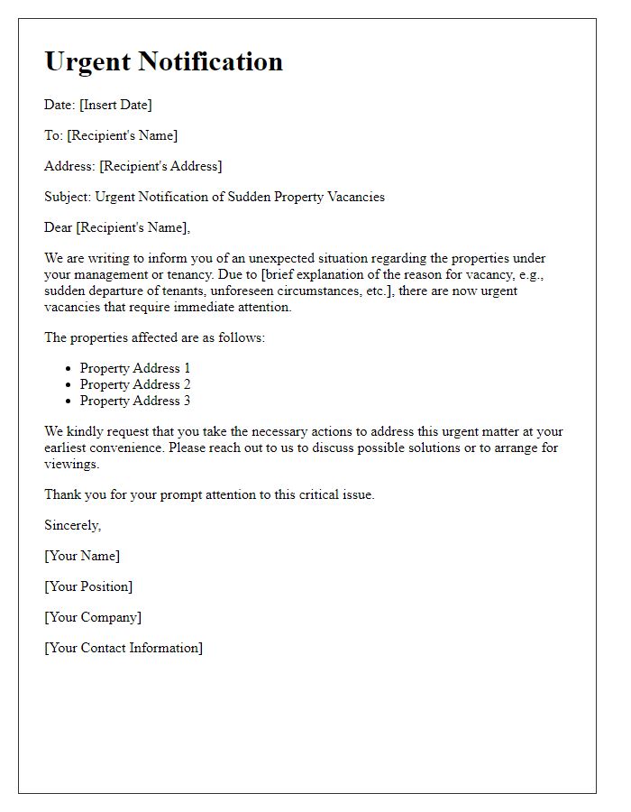 Letter template of urgent notification for sudden property vacancies