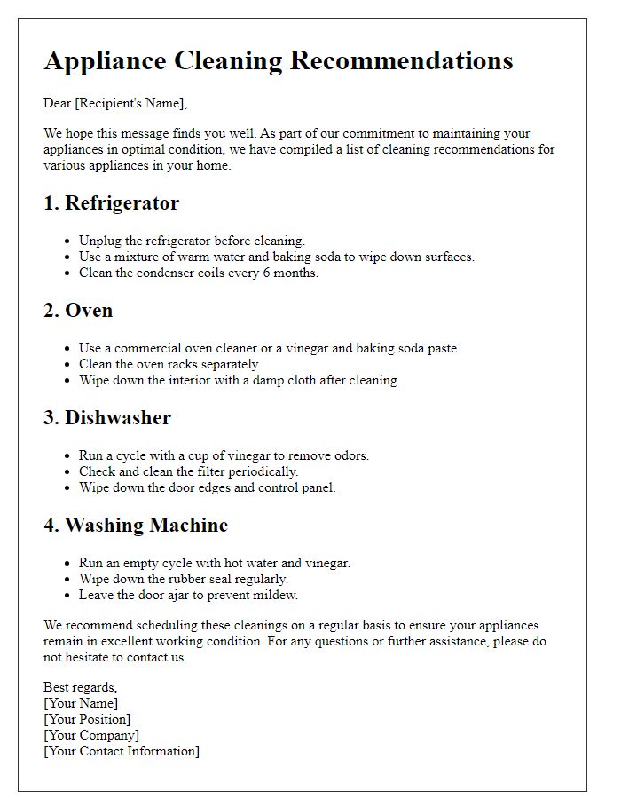 Letter template of appliance cleaning recommendations