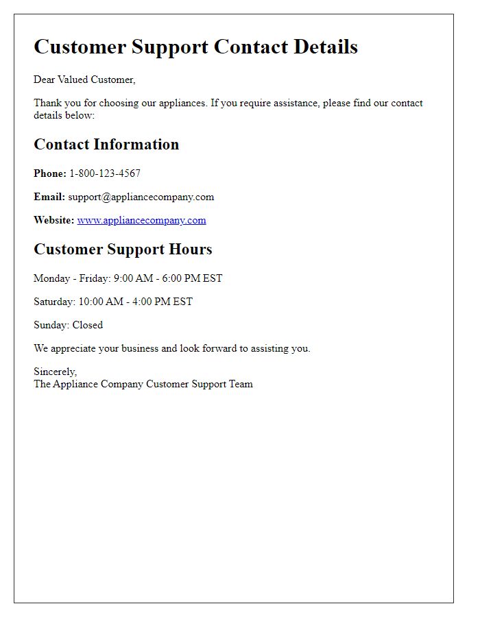 Letter template of appliance customer support contact details