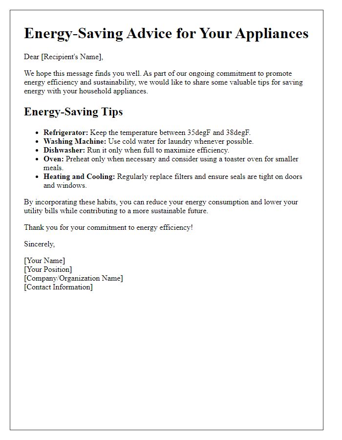 Letter template of appliance energy-saving advice