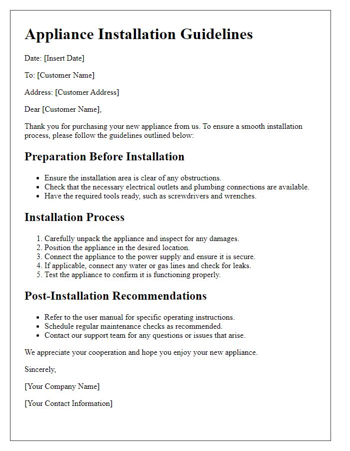 Letter template of appliance installation guidelines