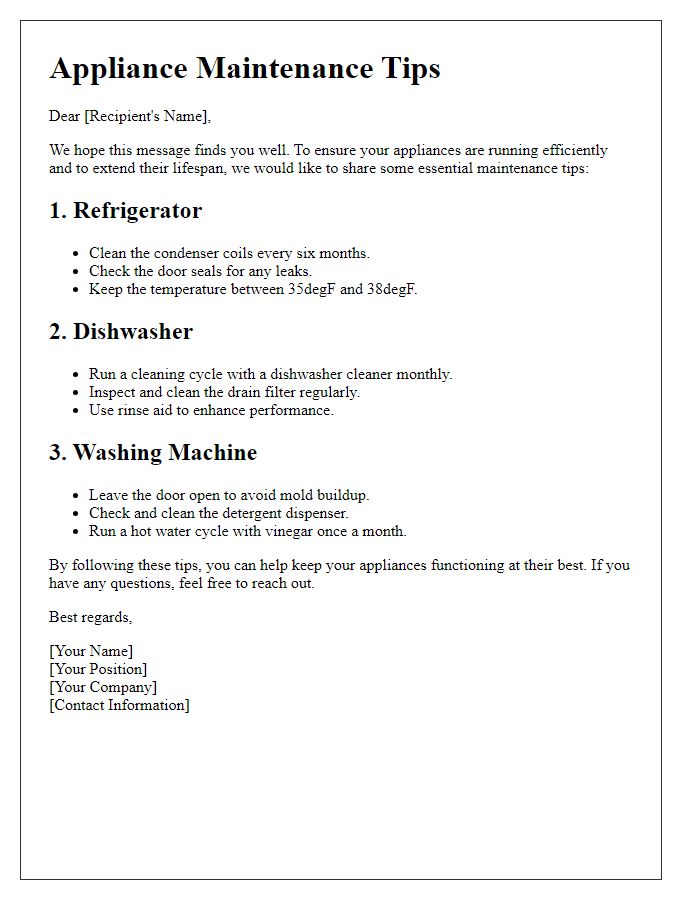 Letter template of appliance maintenance tips