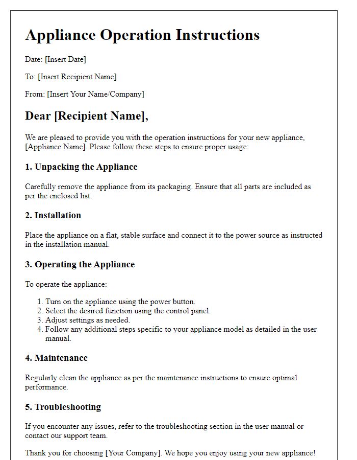 Letter template of appliance operation instructions