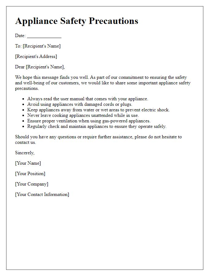 Letter template of appliance safety precautions