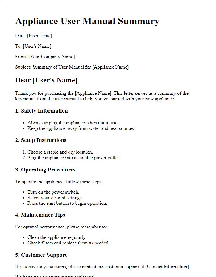 Letter template of appliance user manual summary