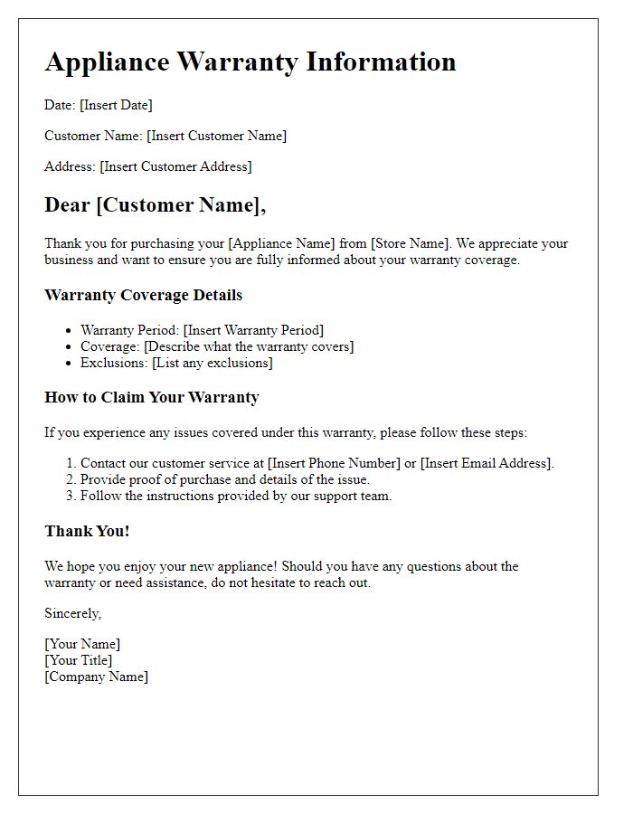 Letter template of appliance warranty information