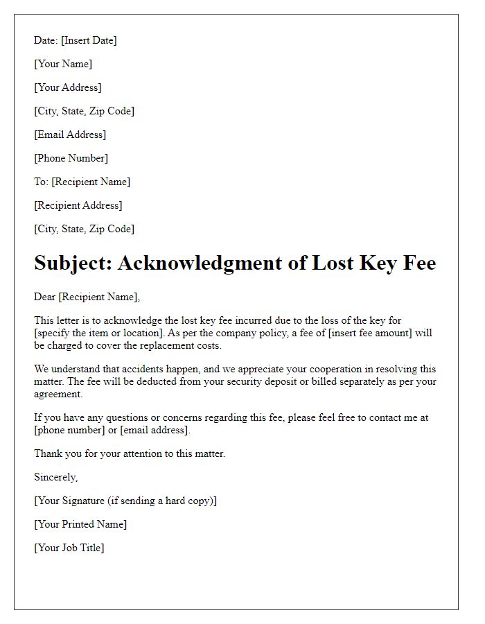 Letter template of acknowledgment of lost key fee.