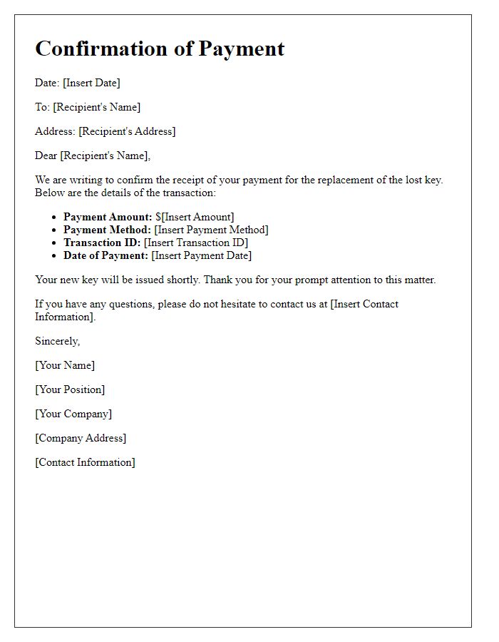 Letter template of confirmation for lost key replacement payment.