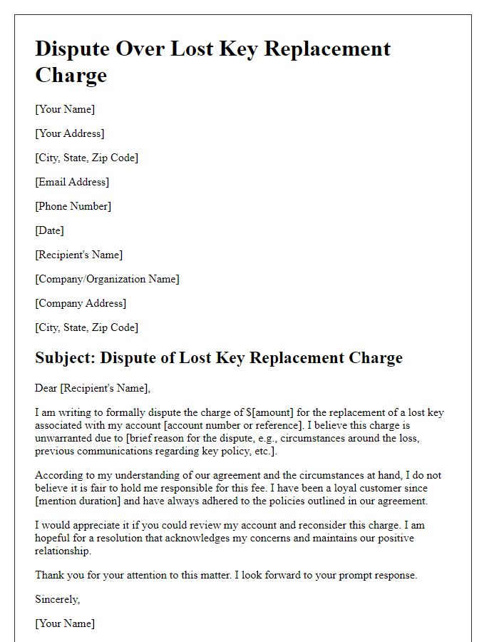 Letter template of dispute over lost key replacement charge.