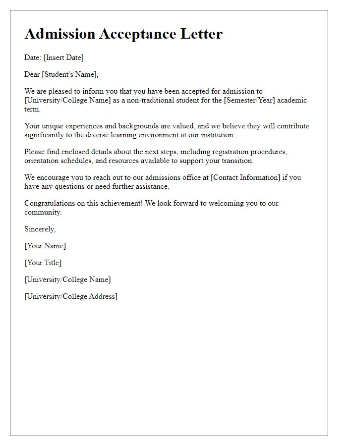 Letter template of Admission Acceptance for Non-traditional Students