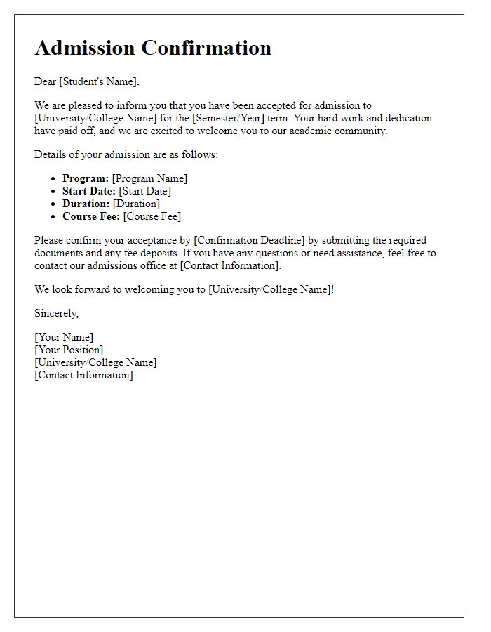 Letter template of Admission Confirmation for International Students