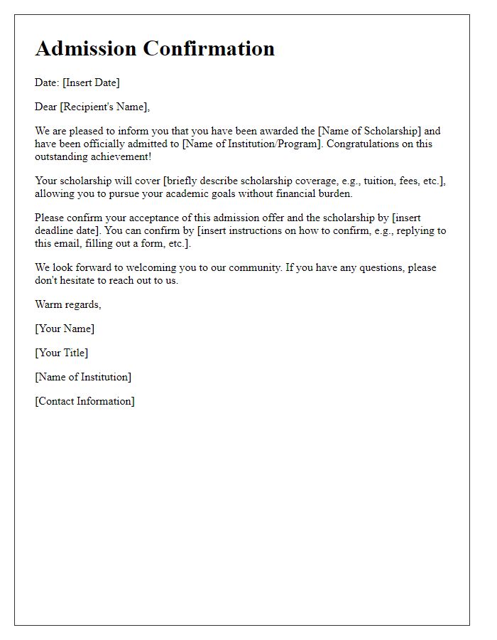 Letter template of Admission Confirmation for Scholarship Recipients