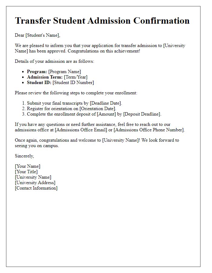 Letter template of Transfer Student Admission Confirmation