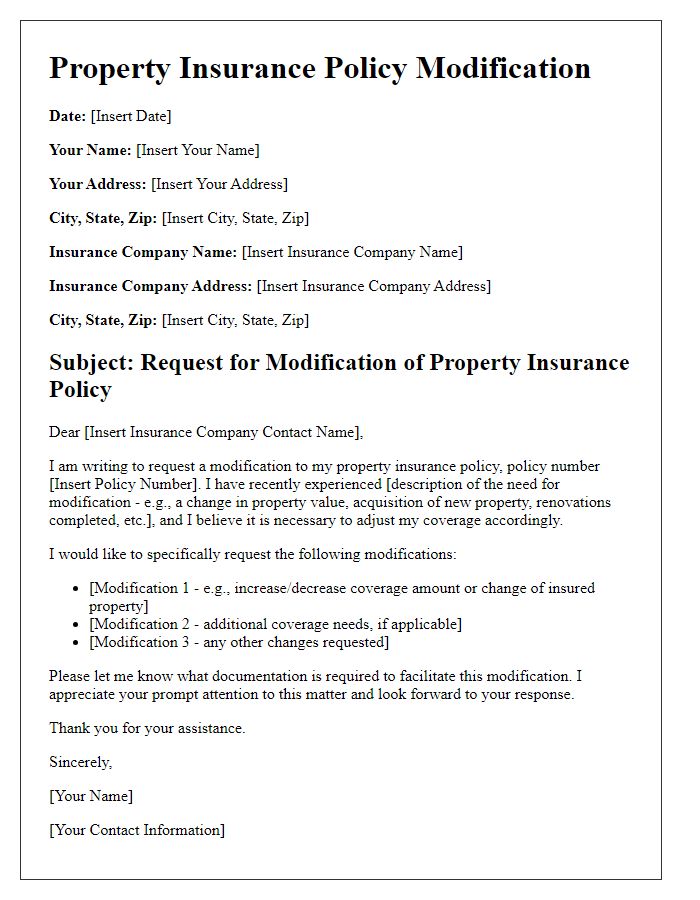 Letter template of property insurance policy modification