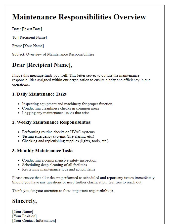 Letter template of maintenance responsibilities overview