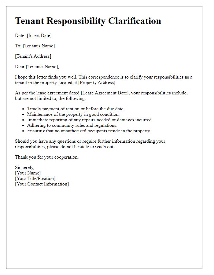 Letter template of tenant responsibility clarification