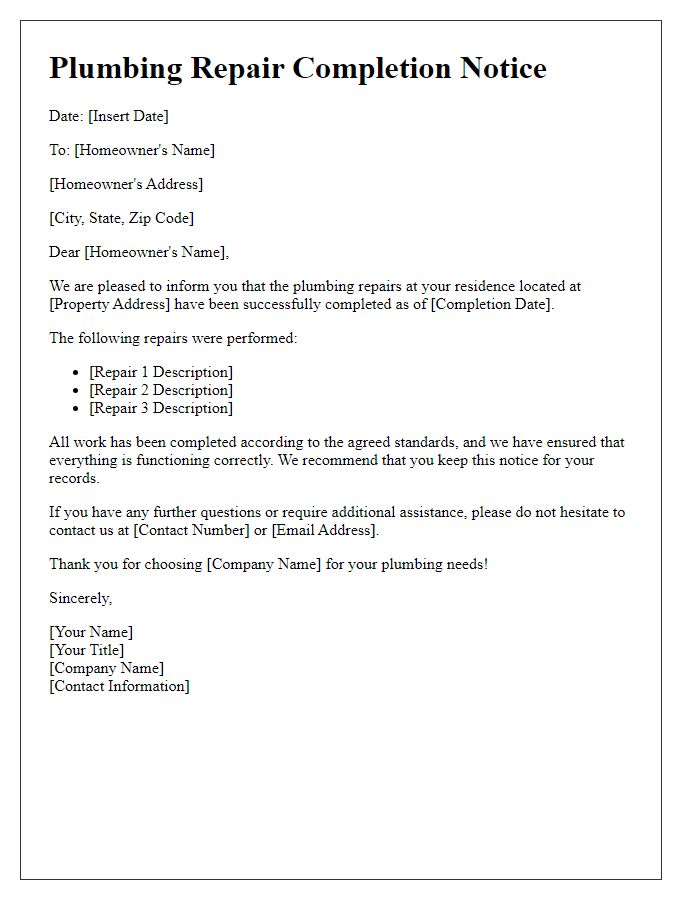 Letter template of plumbing repair completion notice