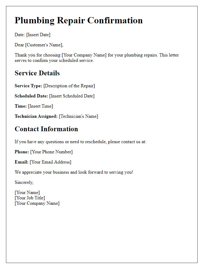 Letter template of plumbing repair confirmation for service providers