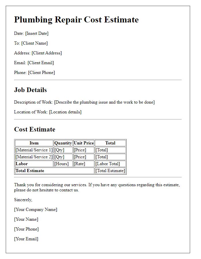 Letter template of plumbing repair cost estimate for clients