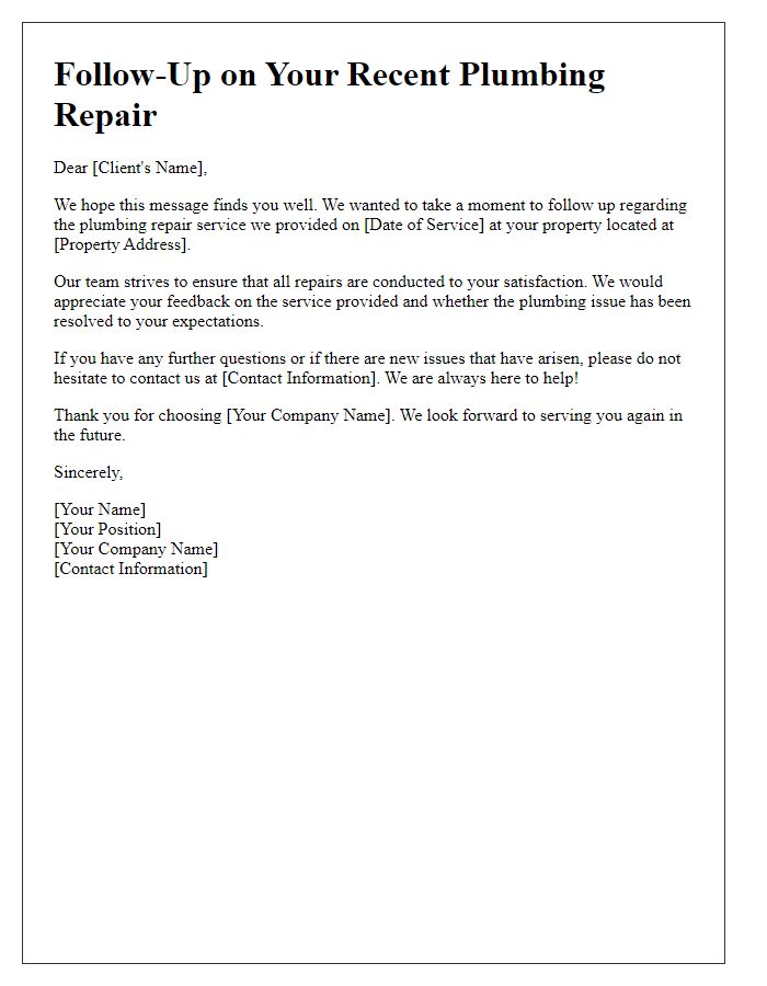 Letter template of plumbing repair follow-up for clients