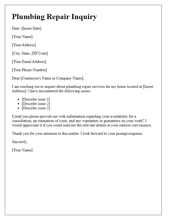 Letter template of plumbing repair inquiry to contractors