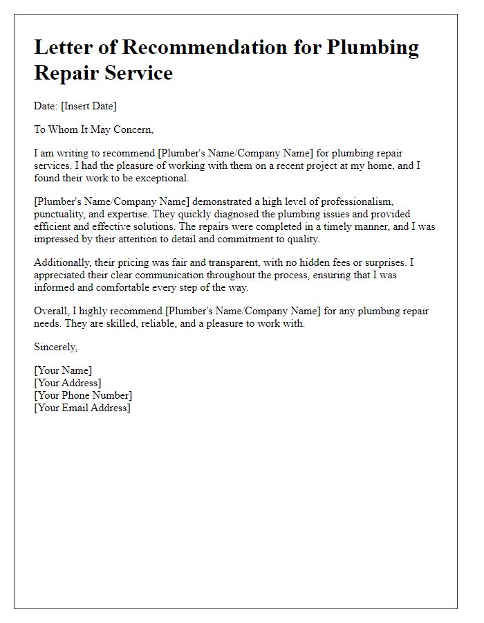 Letter template of plumbing repair service recommendation