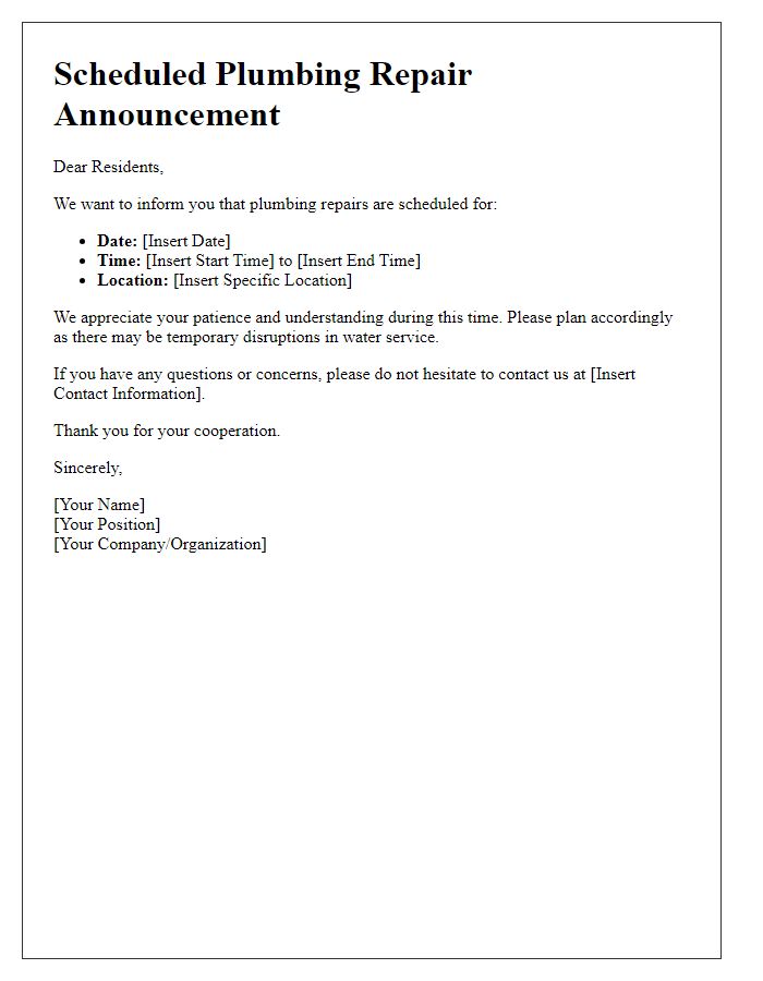 Letter template of scheduled plumbing repair announcement