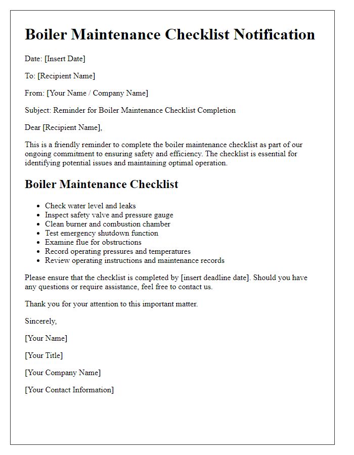 Letter template of boiler maintenance checklist notification