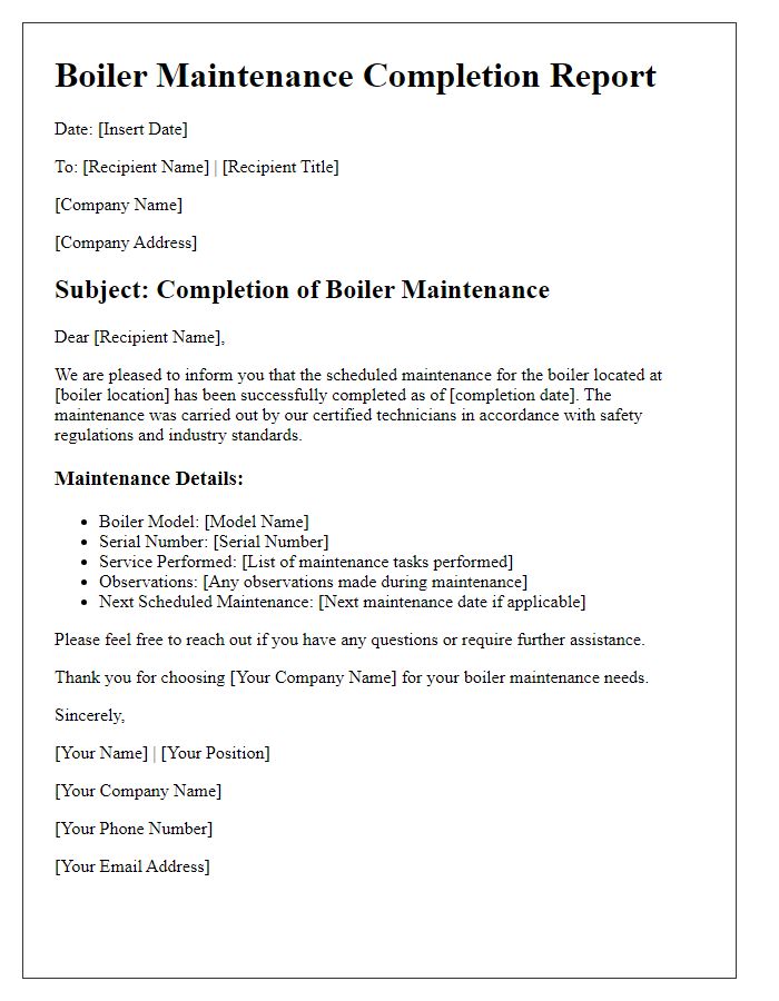 Letter template of boiler maintenance completion report