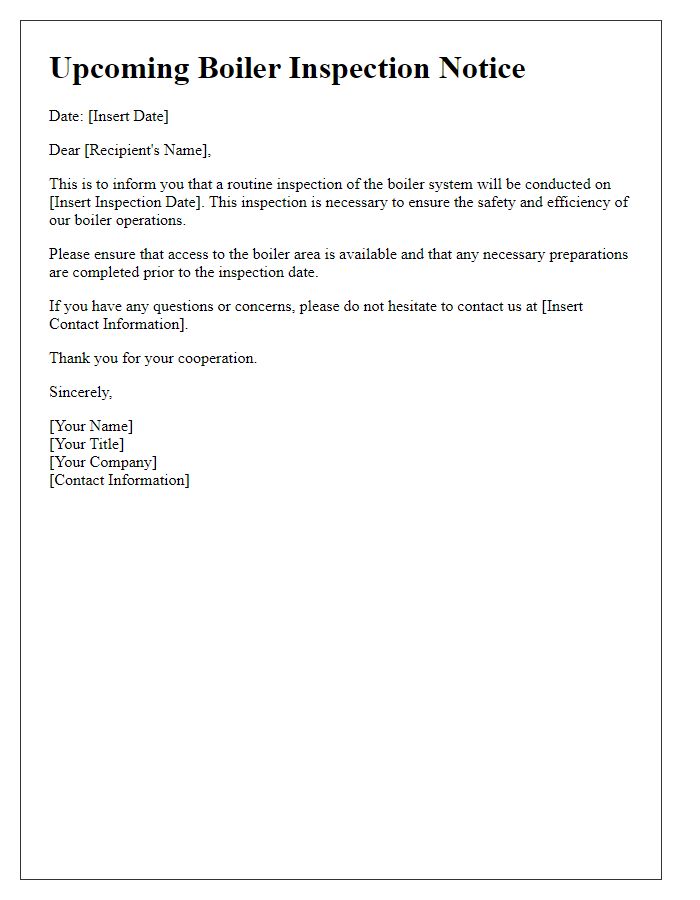 Letter template of upcoming boiler inspection notice