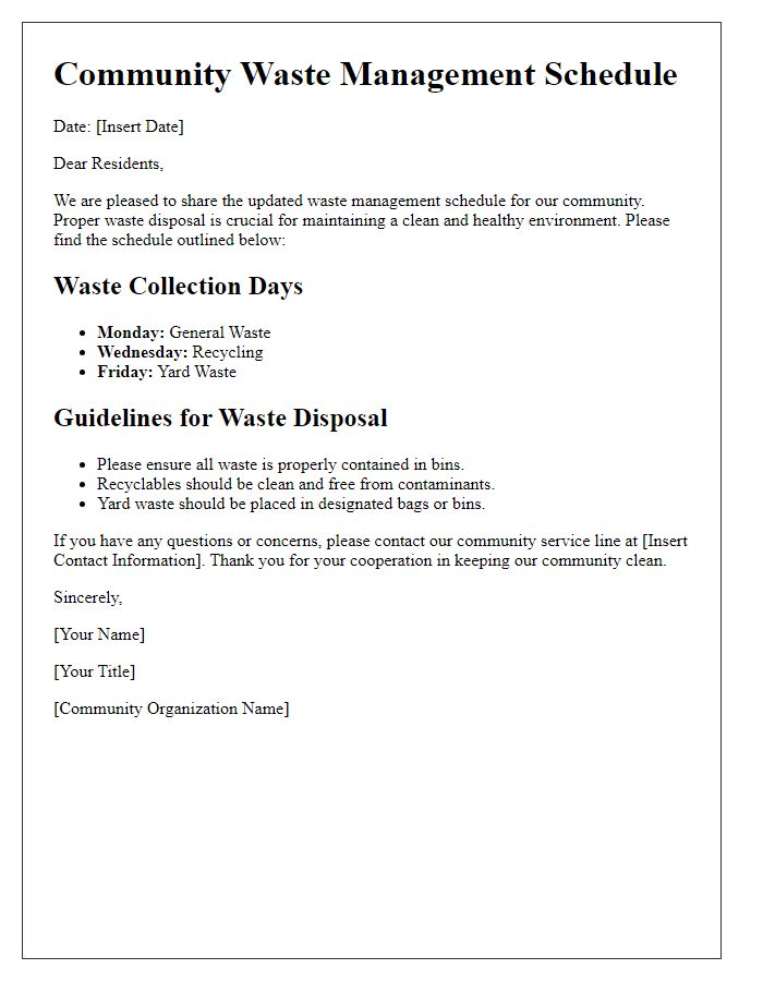 Letter template of community waste management schedule