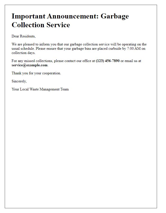 Letter template of garbage collection service announcement