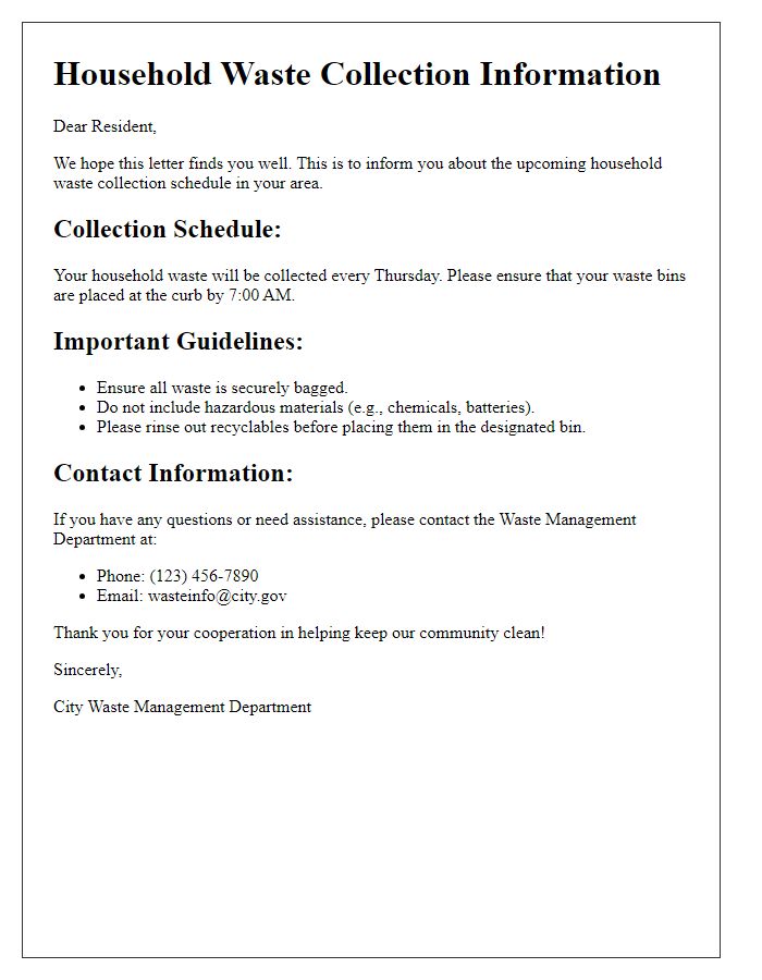 Letter template of household waste collection information