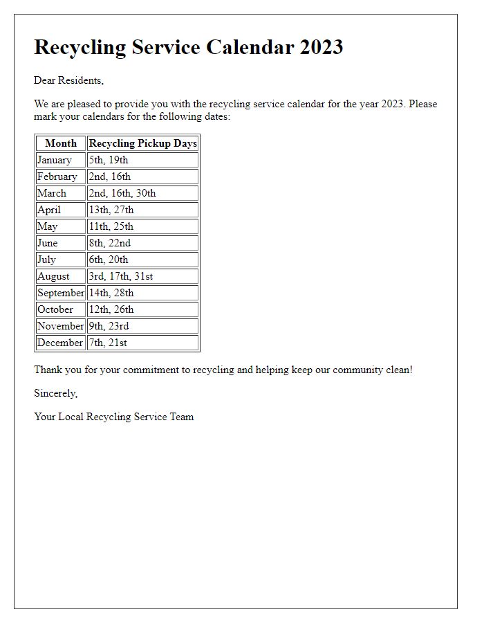 Letter template of recycling service calendar