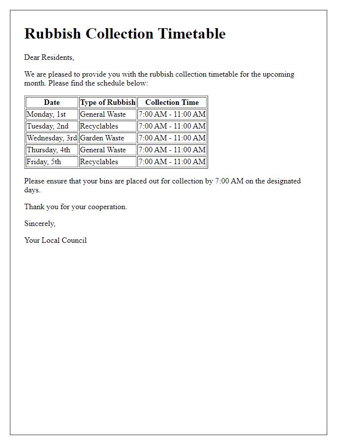 Letter template of rubbish collection timetables