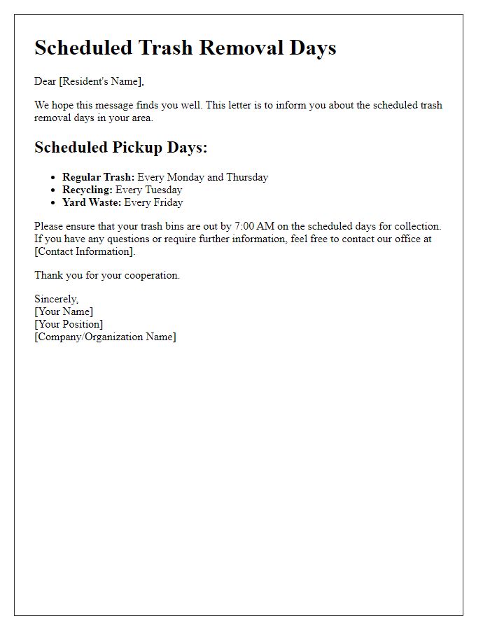 Letter template of scheduled trash removal days