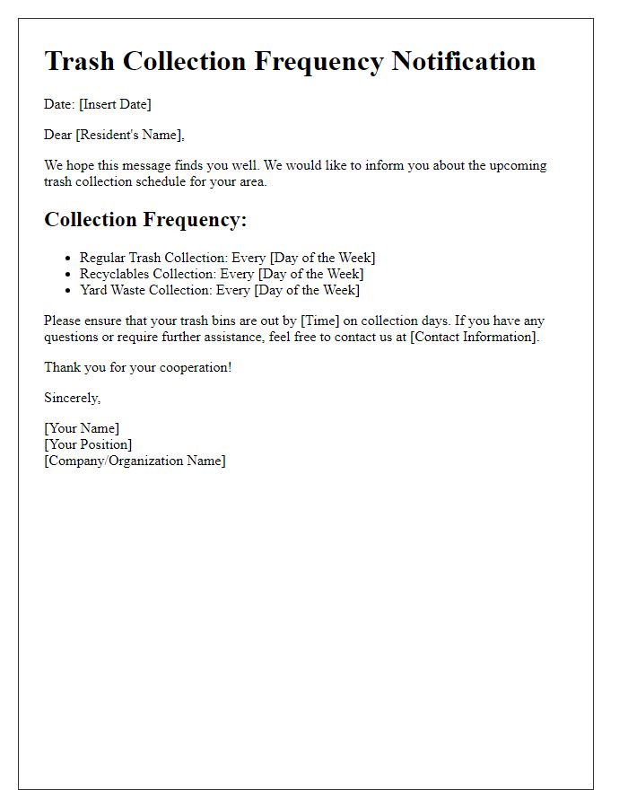 Letter template of trash collection frequency details